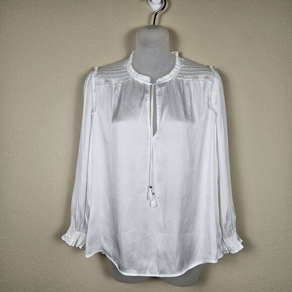 PAIGE Kaylynn Smocked Blouse Tassels City Chic Matte Satin Boho White Womens M - Picture 5 of 16